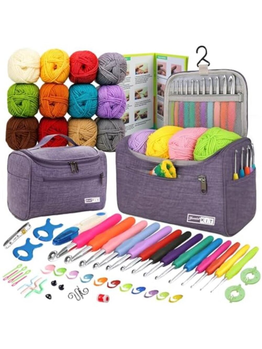 Beginner Crochet Kit Yarn Hooks Amigurumi Craft Set Ergonomic 14 Hooks 12 Yarn